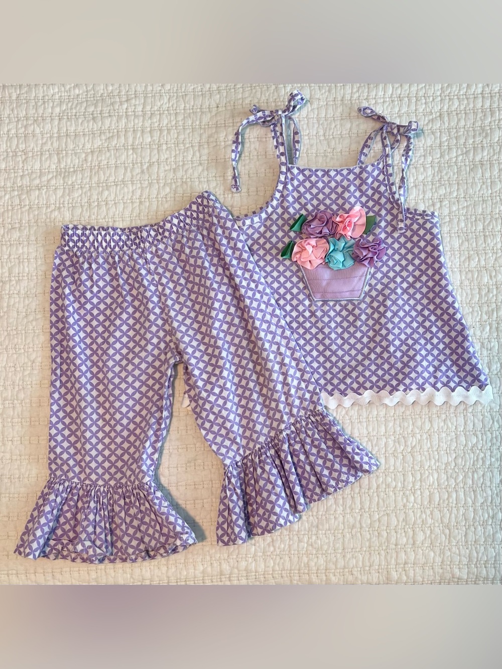Mud Pie Lavender Geometric Tank & Ruffle Pants Set with Floral Pocket